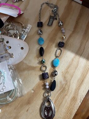 Chico's Turquoise, Black & Purple Beaded Pendant Necklace